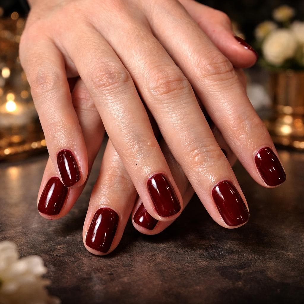 Manicura semipermanente burdeos oscuro con acabado brillante y decoración floral